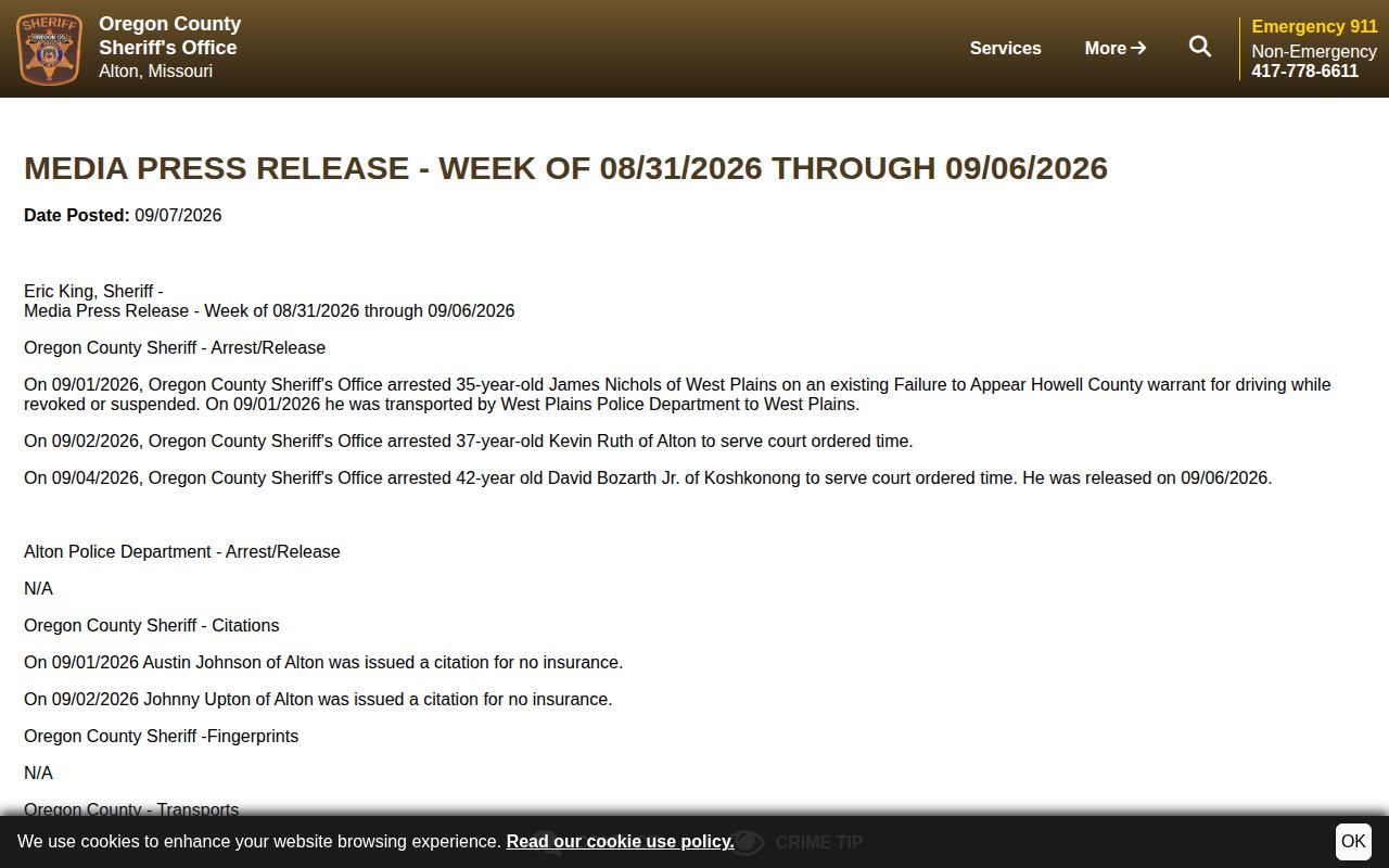 Official Oregon County Sheriff weekly report used for Koshkonong arrest context