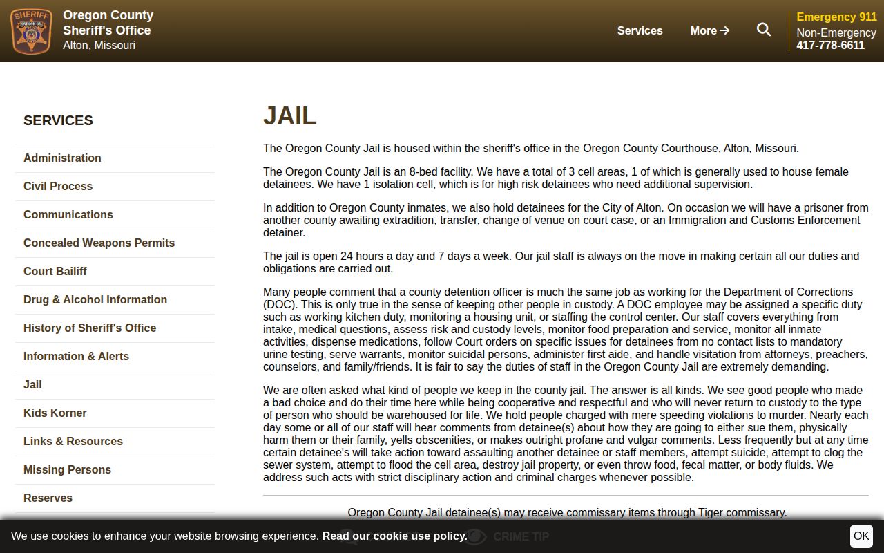 Oregon County Jail official custody and roster information page