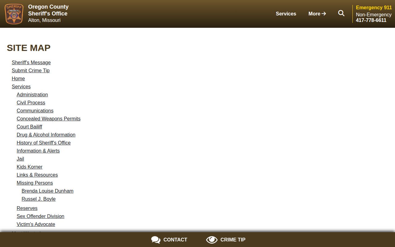 Oregon County Sheriff site map showing no public arrest roster or booking app