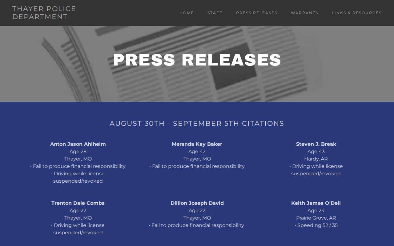 Thayer Police Department press release archive for city arrest reports