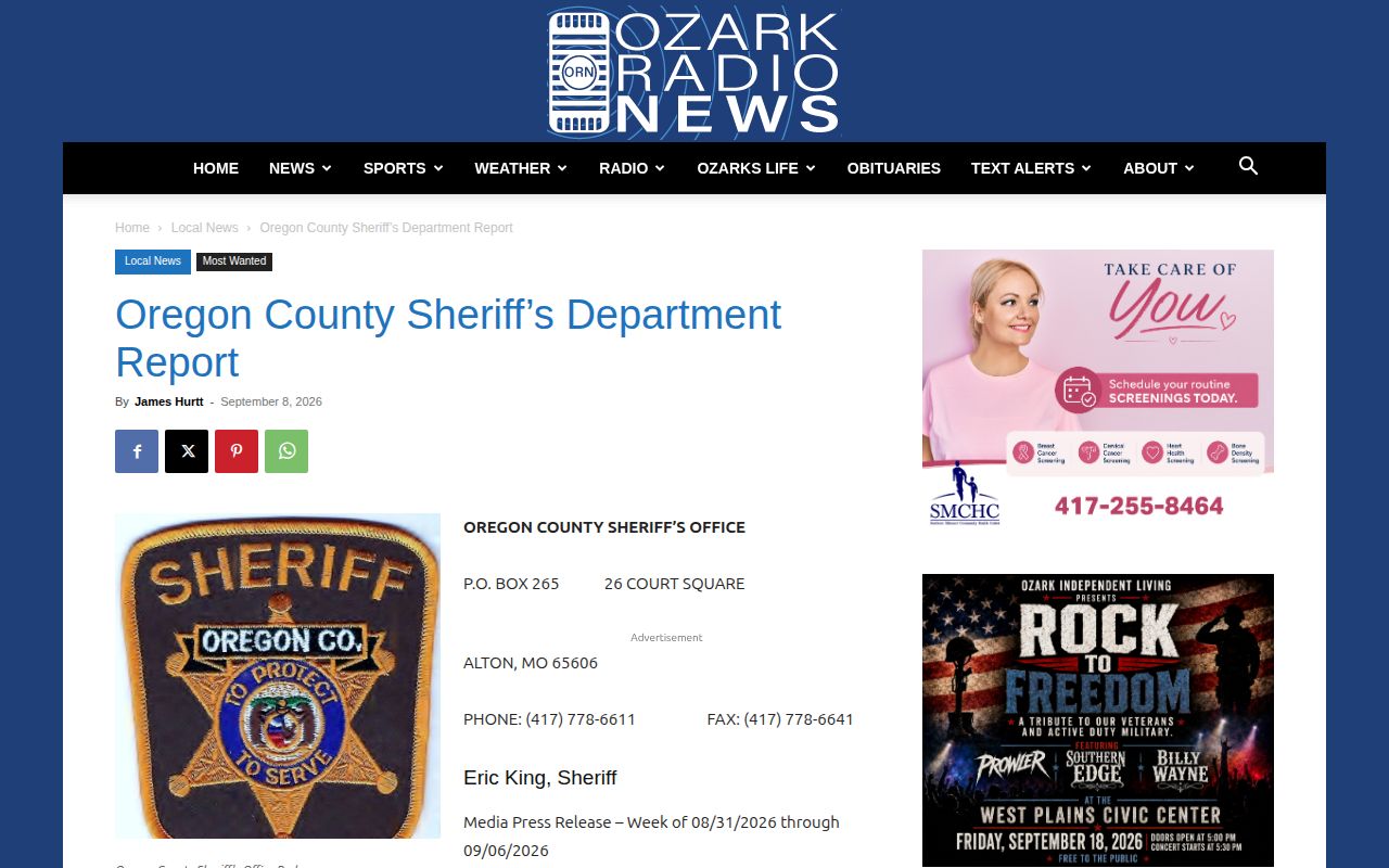 Ozark Radio News weekly Oregon County report with Alton Police Department categories