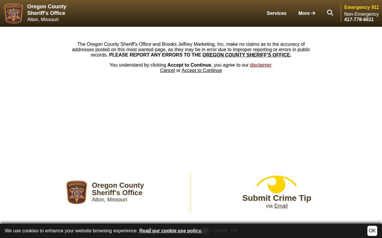 Oregon County Sheriff most wanted and warrant accuracy disclaimer