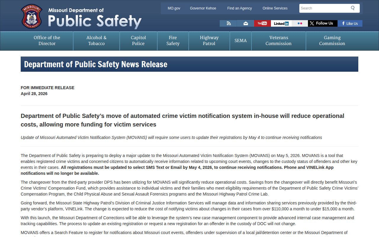 Missouri DPS May 2026 VINE and MOVANS alert channel update