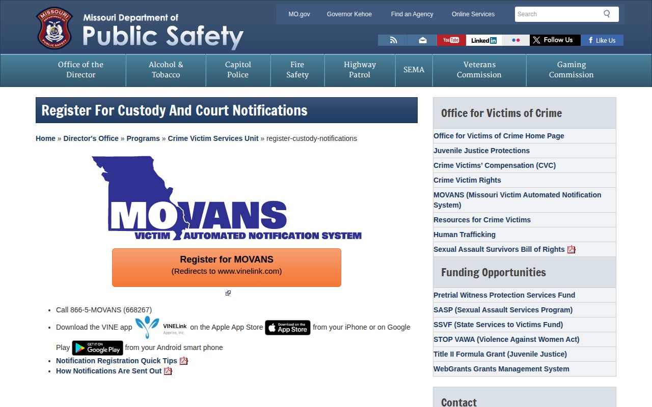 Missouri MOVANS VINE custody alert registration for Oregon County arrests